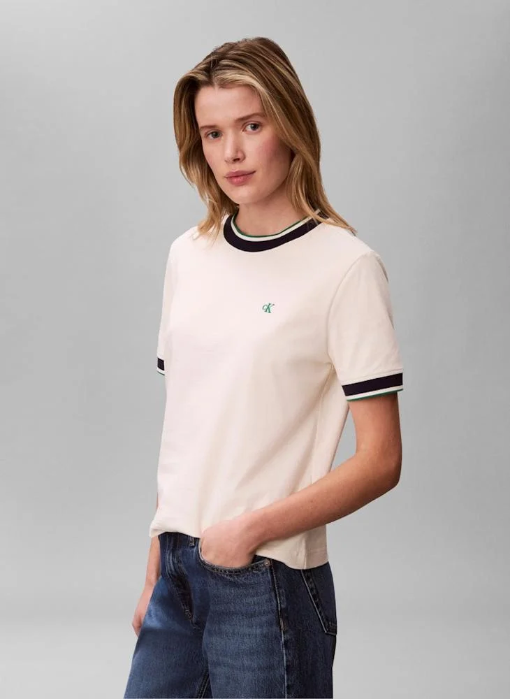 كالفن كلاين جينز تيشيرت قطن كاجوال بشريط مخطط بشعار