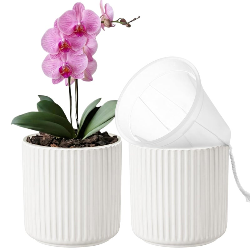 TineDew 2 Pack of 5in Ceramic Cachepot with 5 inch Clear nusery Pot - self Watering Indoor Planter with Drainage for Root Visibility,semi Hydro pots for repotting Orchid,White - Image 1