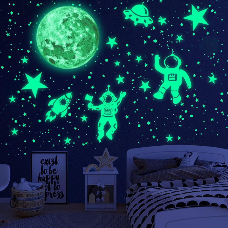 1017Pcs Glow in The Dark Stars for Ceiling Glow in The Dark Moon and Space Wall Decals Luminous Astronaut Universe Planet Galaxy Wall Stickers for Kids Boys Girls Bedroom Green