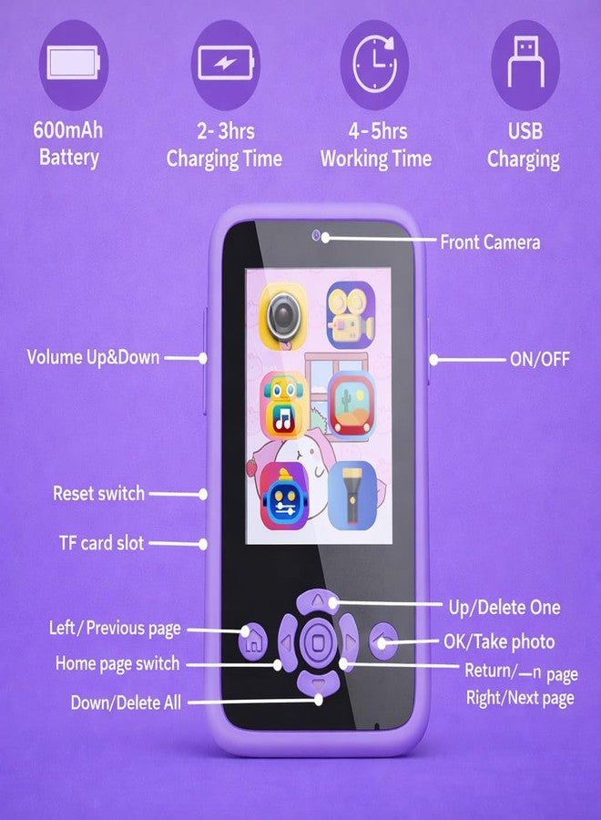 Brand Conquer Kids Mobile with Digital Camera 2.4” IPS Screen, 1080P HD Video, 40MP Photo, Flash Light, 6 Games, MP3 Player, Type-C Port, 32GB Expandable, Silicone Cover with Rope & Cable (Purple) - Image 2