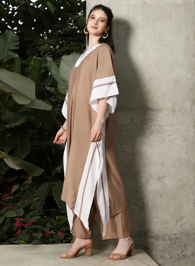 Qissa  Qissa Women's Sand Beige Panel-Striped Kaftan Kurta Set For Ethnic Wear | V-Neck, Quarter Kimono Sleeves | Stripes Plain Fabric | 2 Piece Kurta Set Designed For Casual & Evening Wear for Women | Best Price UAE