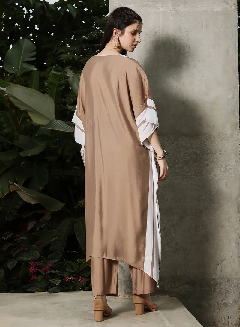 Qissa  Qissa Women's Sand Beige Panel-Striped Kaftan Kurta Set For Ethnic Wear | V-Neck, Quarter Kimono Sleeves | Stripes Plain Fabric | 2 Piece Kurta Set Designed For Casual & Evening Wear for Women | Best Price UAE