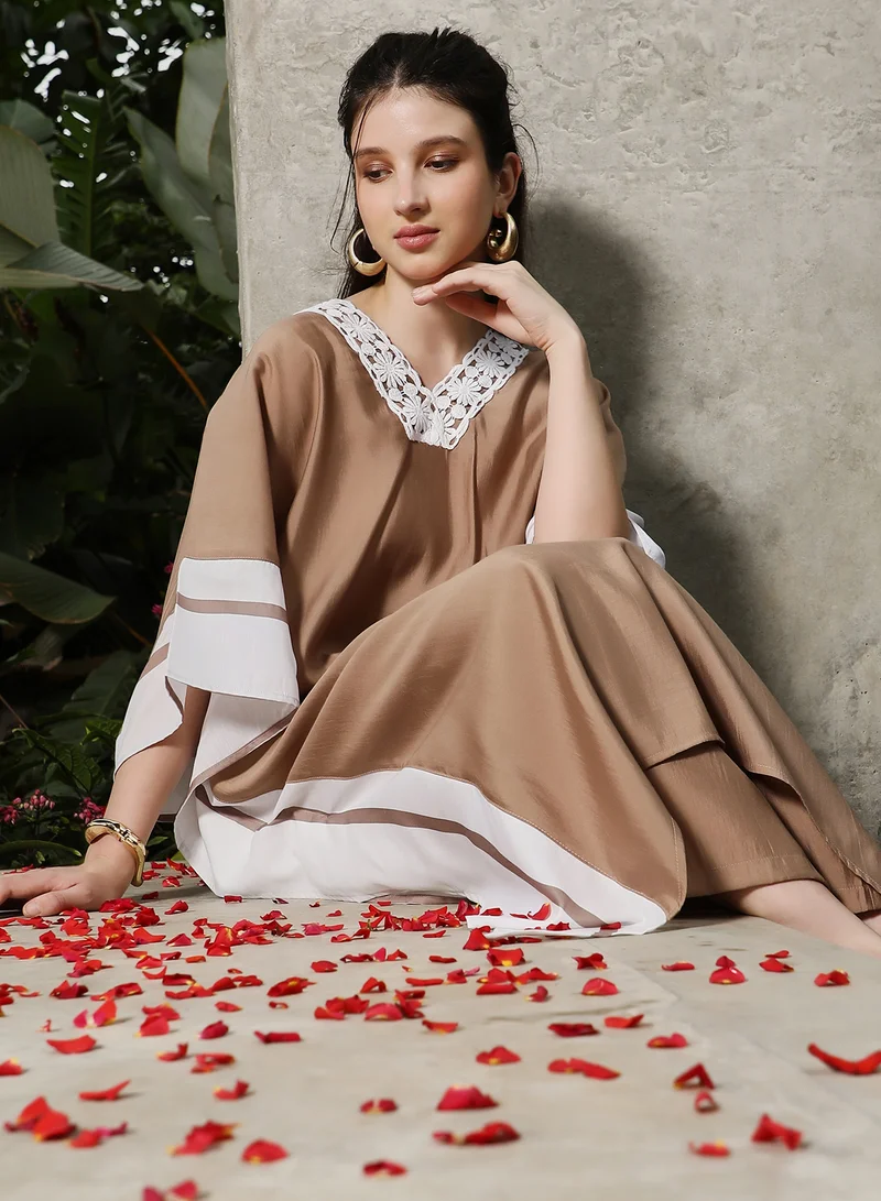 Qissa  Qissa Women's Sand Beige Panel-Striped Kaftan Kurta Set For Ethnic Wear | V-Neck, Quarter Kimono Sleeves | Stripes Plain Fabric | 2 Piece Kurta Set Designed For Casual & Evening Wear for Women | Best Price UAE