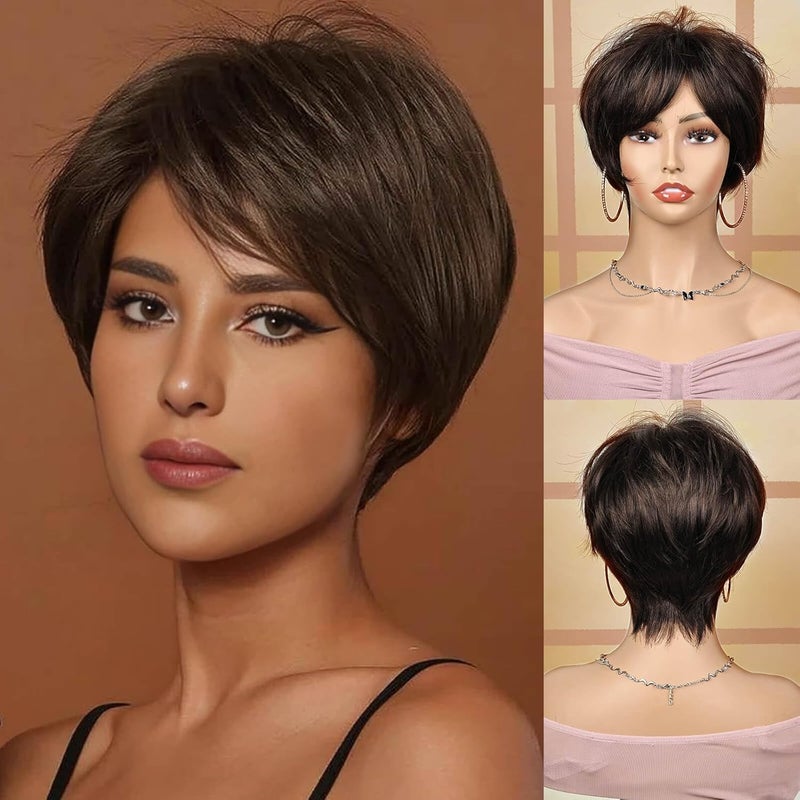 Creamily Short Straight Hair Wig for women Full head NaturalPixie Cut Full head Hair Wigs for women Ladies Wig Old women Wig Chemo Wigs for women Brown 9 inches - Image 1