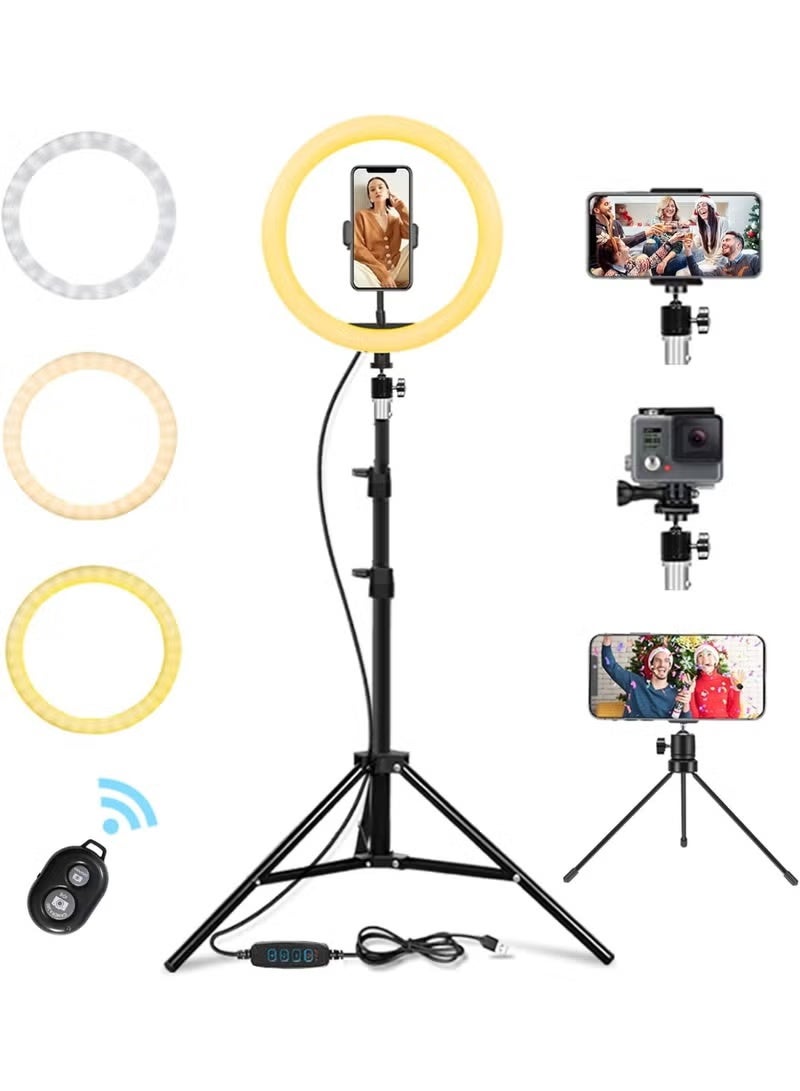 رينج لايت LED مقاس 10 بوصة مع حامل ثلاثي قابل للتعديل وحامل للهاتف، 3 أوضاع إضاءة و10 مستويات سطوع للتصوير والسيلفي والبث المباشر وصناعة المحتوى - Image 4