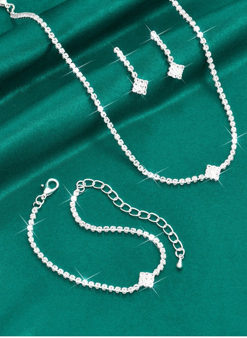 AuliceVerse Sparkling Bride Jewelry Set Rhinestone Necklace Earrings Bracelet for Wedding  - Image 3