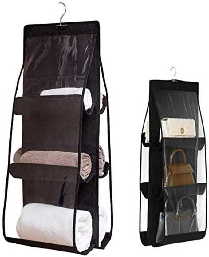 6 POCKET FOLDABLE HANGING PURSE HANDBAG ORGANIZER FOR STORAGE LADIES WOMEN LARGE CLEAR HAND BAG STORAGE ORGANIZER BLACK