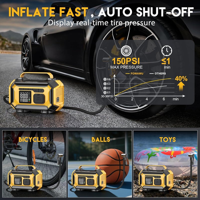 FOWAWU 8000A Jump Starter & Air Compressor, 150 PSI Tire Inflator | 9-in-1: All Gas/10L Diesel, Smart Jumper, Power Bank, Auto-Shutoff, Type-C QC, LED Light - Image 3