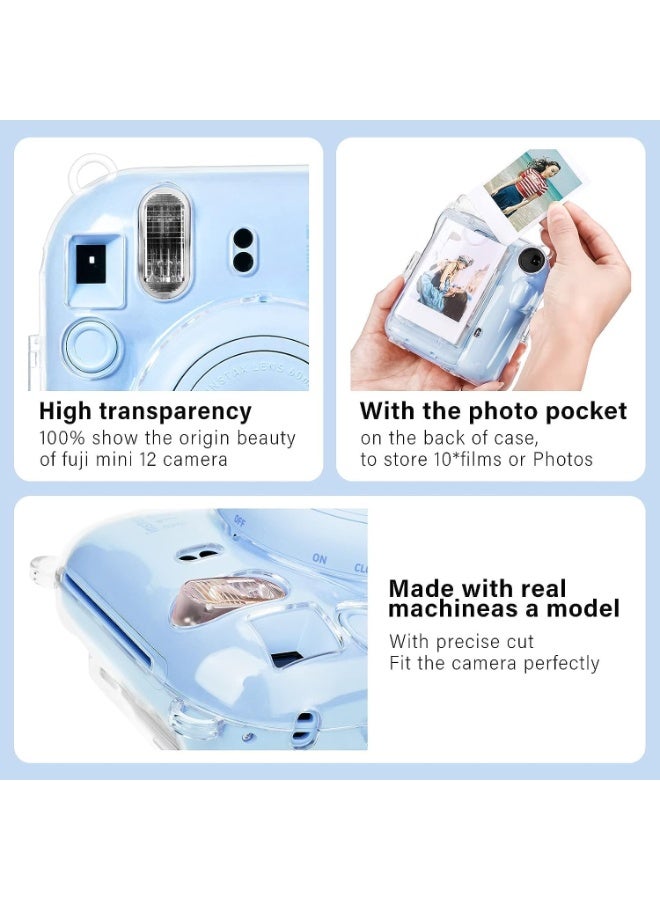 Aputue Instax Mini 12 Clear Case, Shoulder Strap and Beautiful DIY Camera Sticker, Case for Mini 12 Instant Camera with Back Photos Pocket, Adjustable Hard PVC Protective Case (Blue), Transparent - Image 2