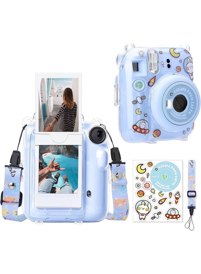 Aputue Instax Mini 12 Clear Case, Shoulder Strap and Beautiful DIY Camera Sticker, Case for Mini 12 Instant Camera with Back Photos Pocket, Adjustable Hard PVC Protective Case (Blue), Transparent - Image 1