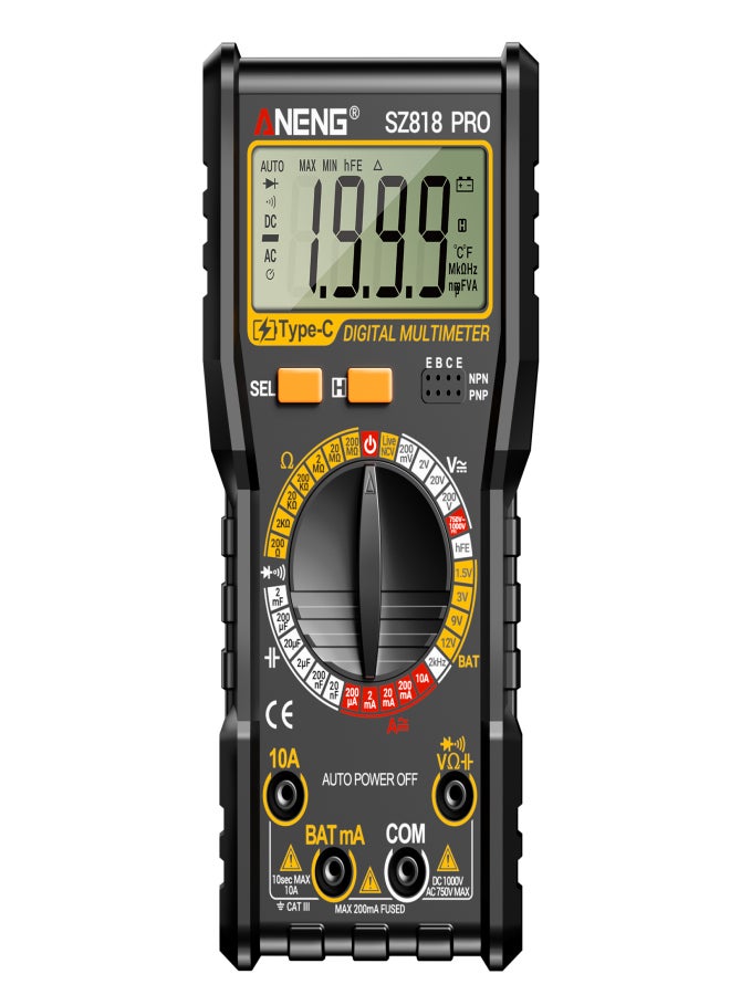 ANENG SZ818 PRO Rechargeable Digital Multimeter - Professional AC/DC Voltage Tester with NCV, Ammeter, Voltmeter Functions - Tests hFE Triode, Capacitor - Electrical Testing Tool - Image 1