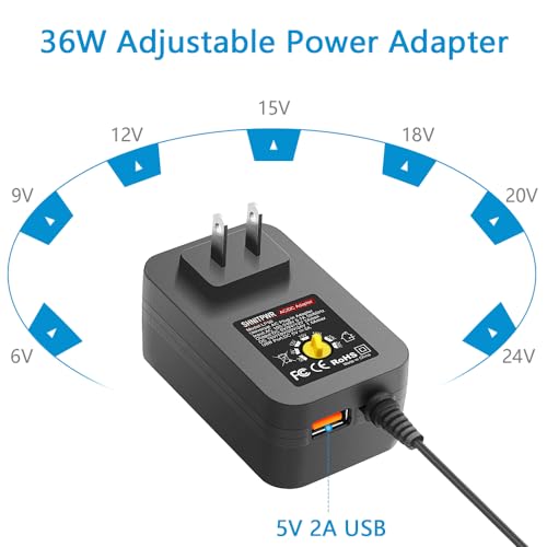 SHNITPWR 36W Adjustable Power Supply DC 6V~24V Universal Power Adapter 6V 9V 12V 15V 18V 20V 24V Variable Power Supply with 5V 2A USB Port AC/DC adapter Multi-Voltage 100~240V AC to DC Power Converter - Image 2