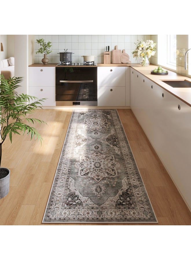 Rugcomf Vintage Medallion Kitchen Rugs Non Slip Washable 2'7"x8' - Low Pile Runner Rug, Boho Carpet for Hallways, Laundry, Bedroom, Bathroom - Grey and White - Image 1