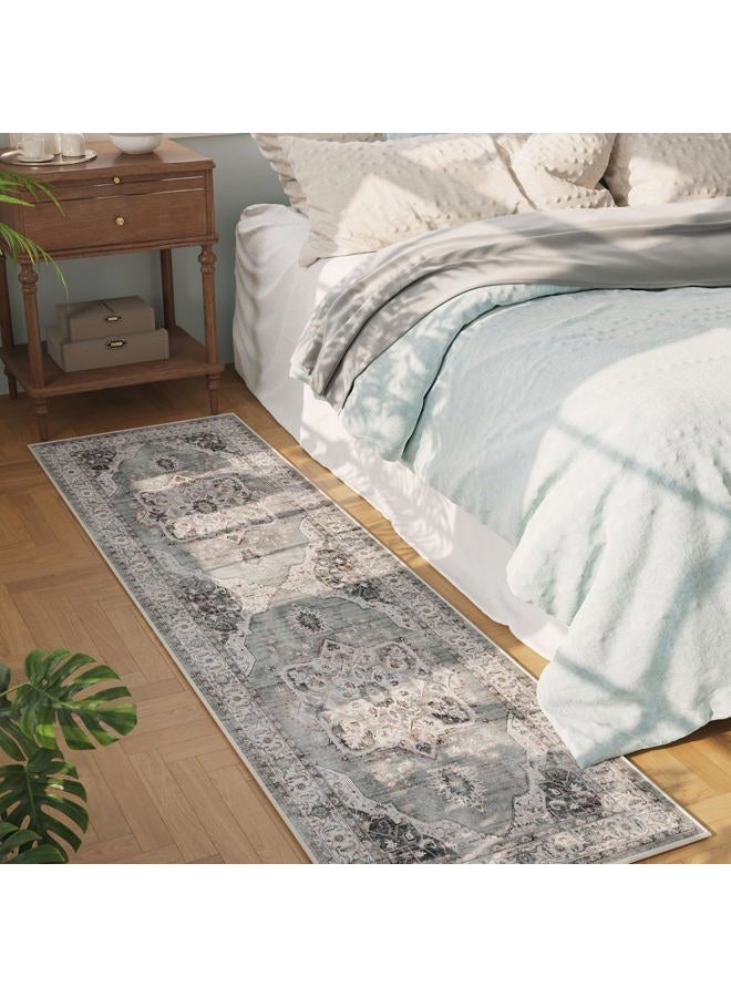 Rugcomf Vintage Medallion Kitchen Rugs Non Slip Washable 2'7"x8' - Low Pile Runner Rug, Boho Carpet for Hallways, Laundry, Bedroom, Bathroom - Grey and White - Image 4