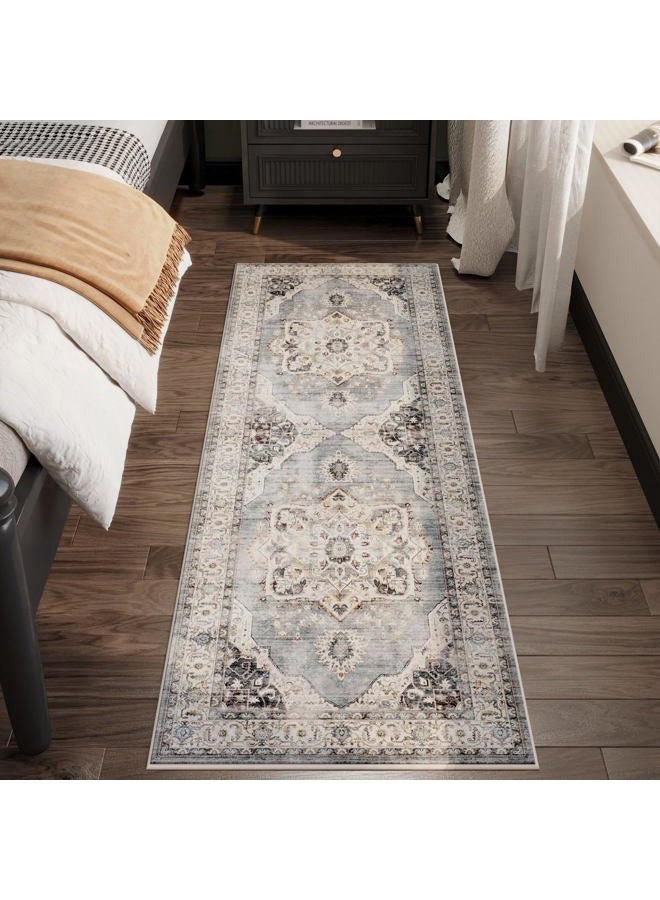 Rugcomf Vintage Medallion Kitchen Rugs Non Slip Washable 2'7"x8' - Low Pile Runner Rug, Boho Carpet for Hallways, Laundry, Bedroom, Bathroom - Grey and White - Image 3