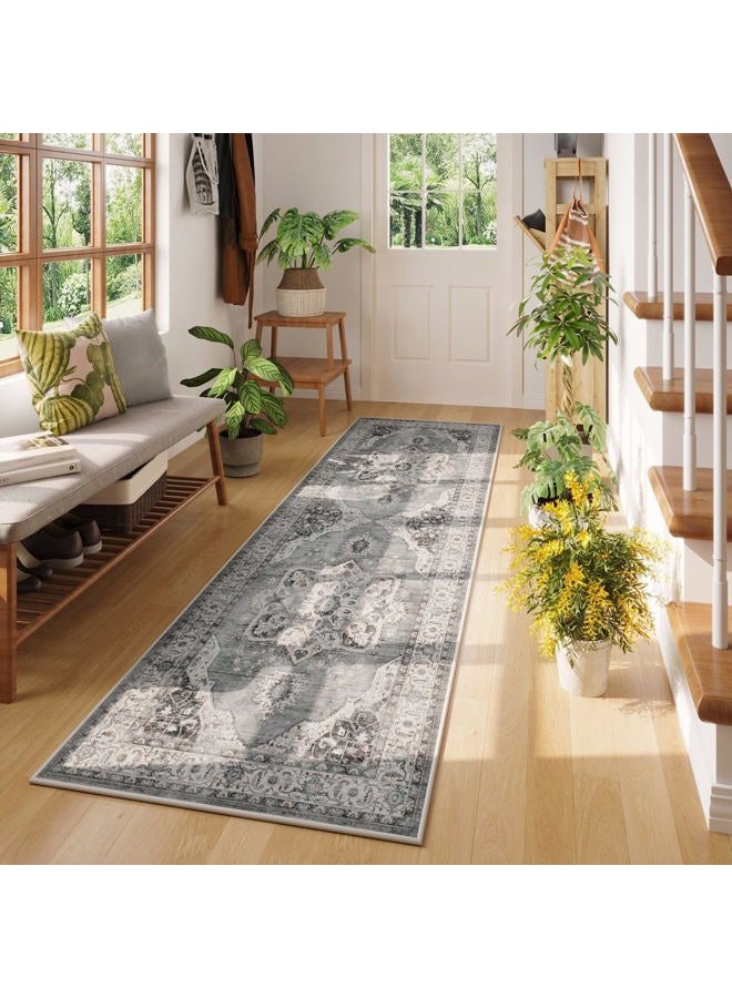 Rugcomf Vintage Medallion Kitchen Rugs Non Slip Washable 2'7"x8' - Low Pile Runner Rug, Boho Carpet for Hallways, Laundry, Bedroom, Bathroom - Grey and White - Image 2
