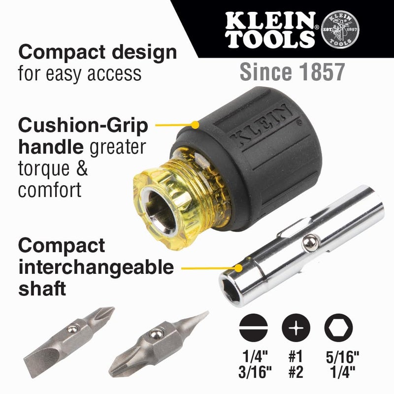Klein Tools Klein Tools 32561 Multi-Bit Screwdriver / Nut Driver, 6-in-1 Stubby Screwdriver with 2 Phillips, 2 Slotted Bits, 2 Nut Drivers  - Image 2