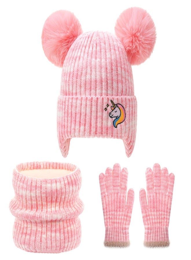 FENELY 3Pcs Kids Winter Beanie Hat Scarf Gloves Set, Children Knit Warm Ear Cap with 2 Pompoms+Fleece Lined Gloves+Neck Warmer for Boys Girls 3-10 Years - Image 1