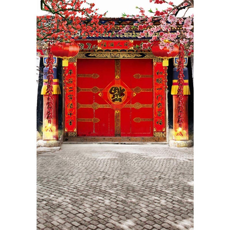 Laeacco Chinese Style Backdrop 8x10ft Vinyl Photography Background Red Gate Ancient Building Classical Architecture New Year Red Lantern Pink Pulm Blossoms Trees