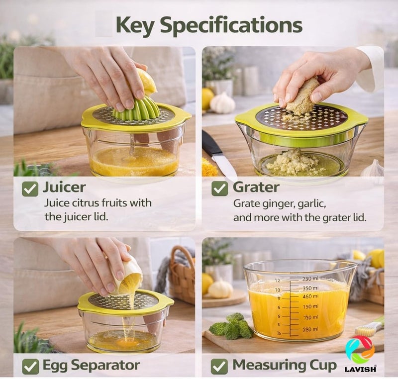 Lavish Manual Citrus 4-in-1 Juicer Set with Measuring Cup, Stainless Steel Grater – 12oz Transparent Hand Juicer for Lemon, Orange & Kitchen Use - Image 4