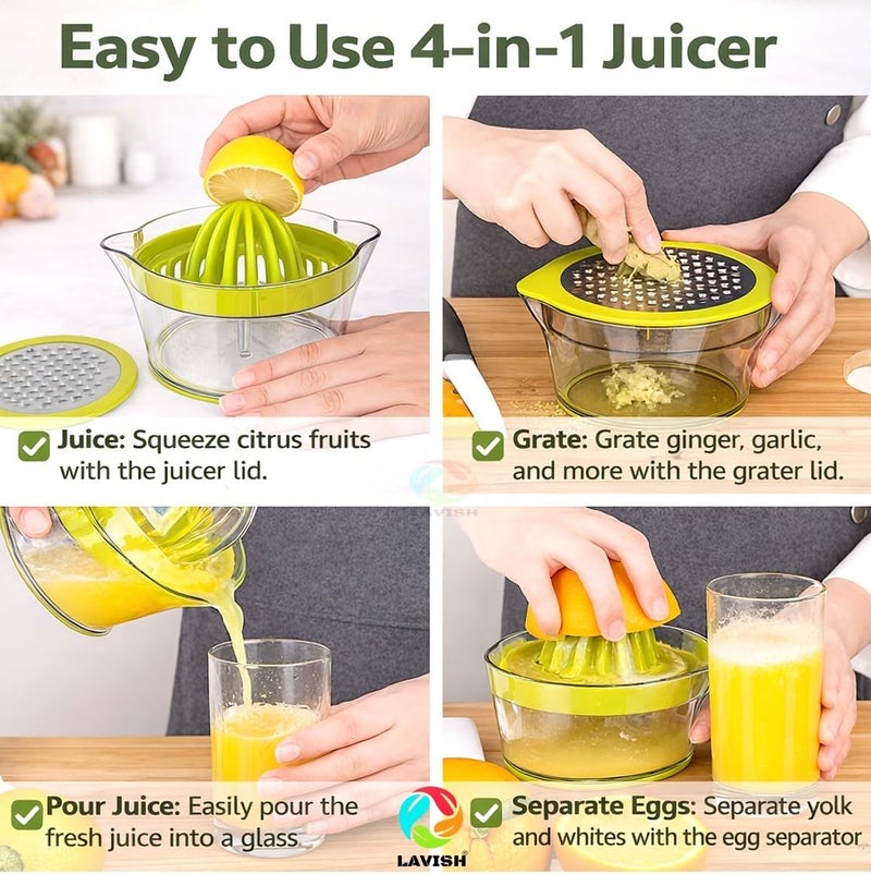 Lavish Manual Citrus 4-in-1 Juicer Set with Measuring Cup, Stainless Steel Grater – 12oz Transparent Hand Juicer for Lemon, Orange & Kitchen Use - Image 3