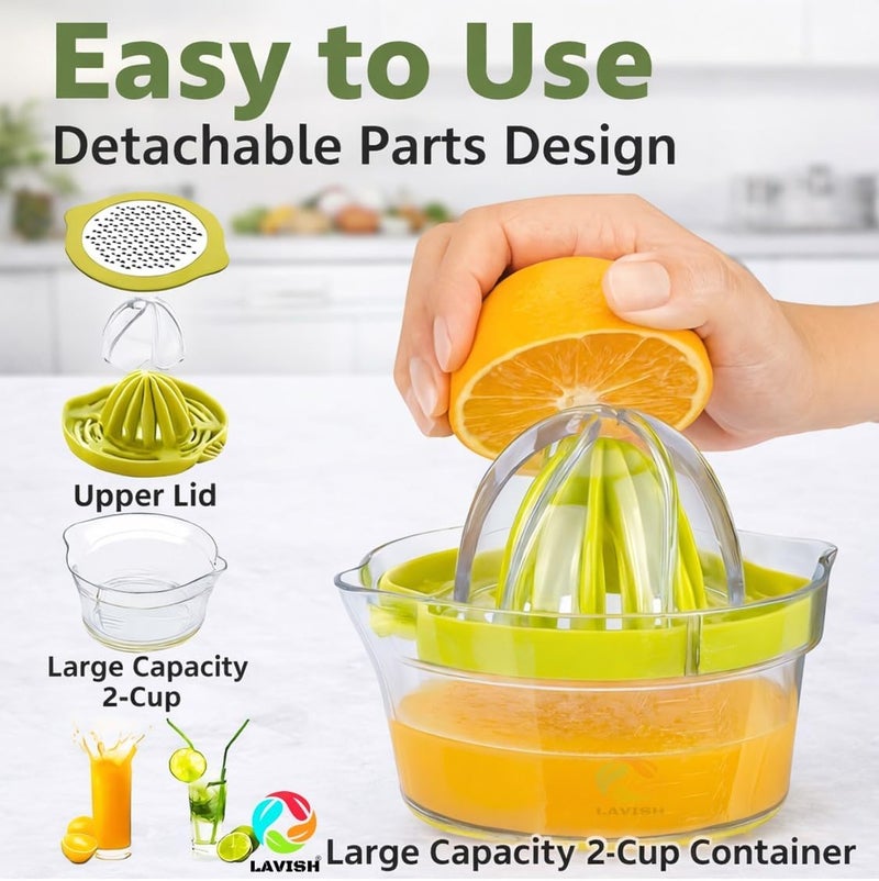 Lavish Manual Citrus 4-in-1 Juicer Set with Measuring Cup, Stainless Steel Grater – 12oz Transparent Hand Juicer for Lemon, Orange & Kitchen Use - Image 2
