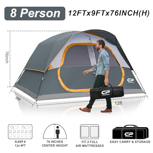 CAMPROS CP Tent 8 Person Camping Tents, Waterproof Windproof Family Dome Tent with Rainfly, Large Mesh Windows, Wider Door, Easy Setup, Portable with Carry Bag (Gray) - Image 2