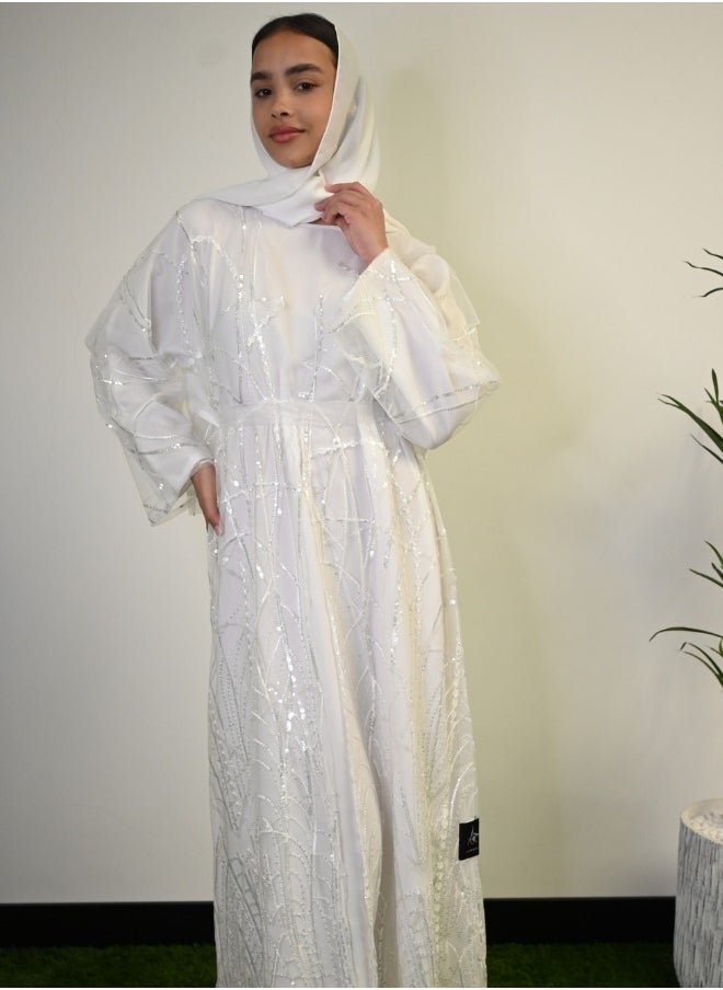 JAMEELA Silver Glow White Abaya with Sequin Embellishments  - Image 1