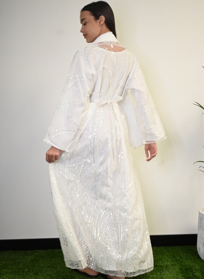 JAMEELA Silver Glow White Abaya with Sequin Embellishments  - Image 2