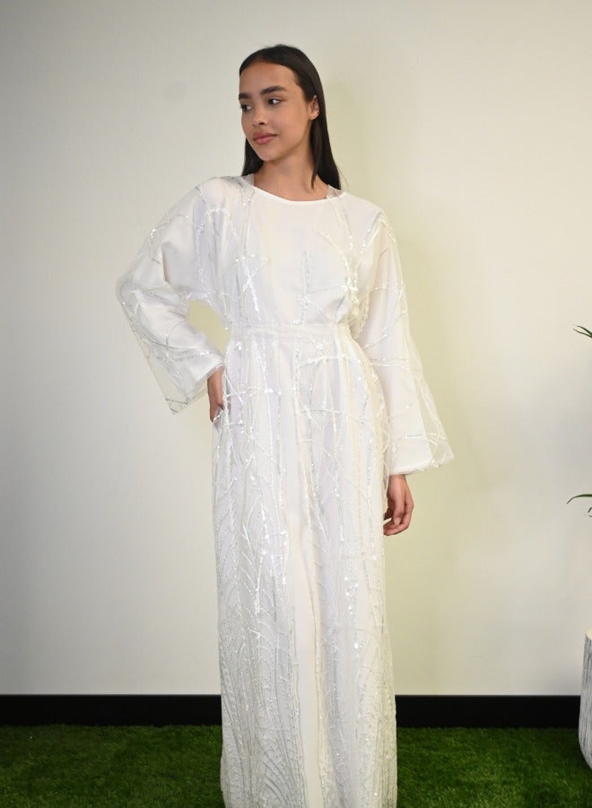 JAMEELA Silver Glow White Abaya with Sequin Embellishments  - Image 4