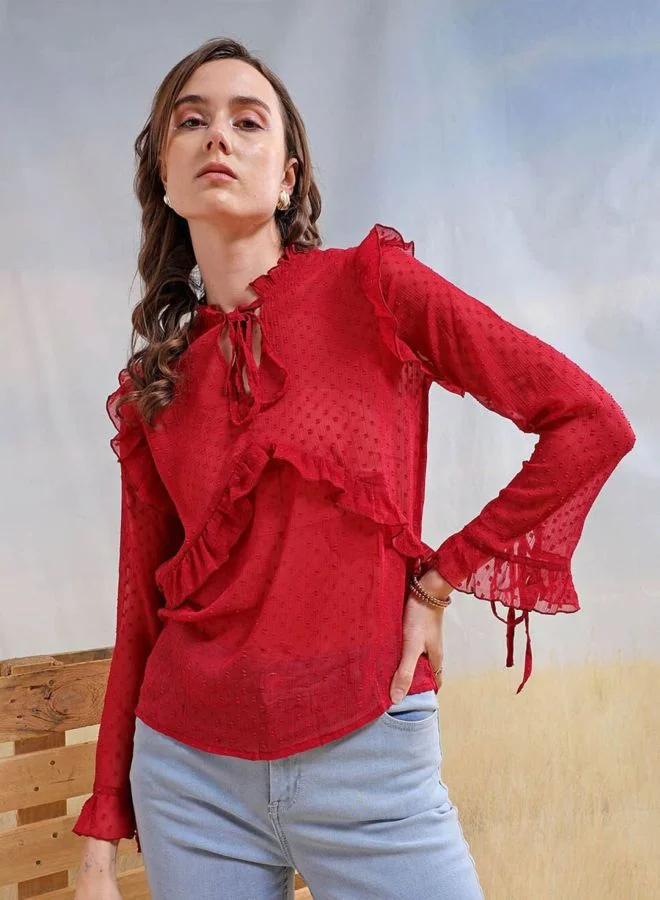 مرفوعة Women Relaxed Fit Textured V-Neck Long Sleeve Ruffled Top