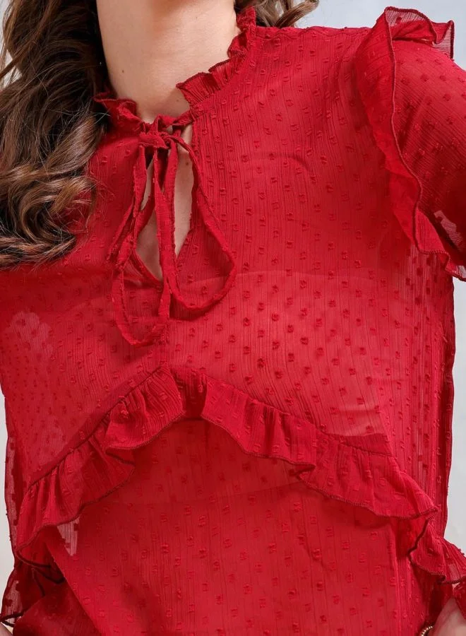 مرفوعة Women Relaxed Fit Textured V-Neck Long Sleeve Ruffled Top