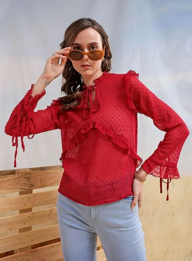 Freehand Women Relaxed Fit Textured V-Neck Long Sleeve Ruffled Top