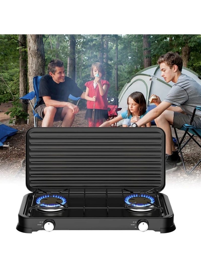 Generic - Portable 2 Burner Gas Stove with Cover for Outdoor Camping & Garden Party Cooking Stove, Propane Gas Cooker with Windshield for BBQ, Tailgating, Picnic, and Outdoor Events - Image 1