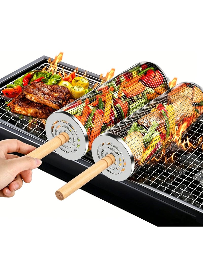 NIUB Rolling Grill Basket, Removable Wooden Handle, Nesting BBQ Tools 304 Stainless Steel, Smoker Grilling Accessories for Vegetable, Outdoor Cooking Camping - Image 1