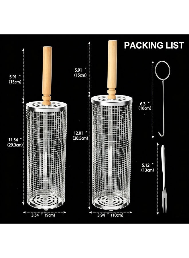 NIUB Rolling Grill Basket, Removable Wooden Handle, Nesting BBQ Tools 304 Stainless Steel, Smoker Grilling Accessories for Vegetable, Outdoor Cooking Camping - Image 2