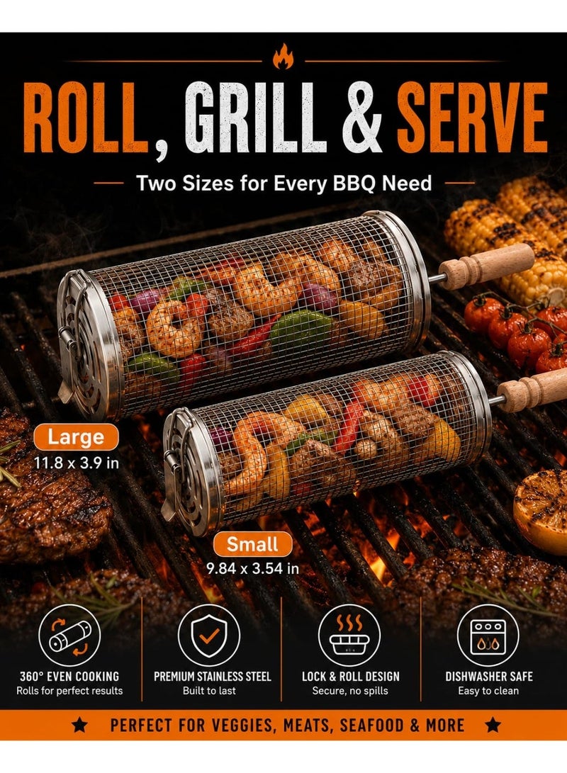 NIUB Rolling Grill Basket, Removable Wooden Handle, Nesting BBQ Tools 304 Stainless Steel, Smoker Grilling Accessories for Vegetable, Outdoor Cooking Camping - Image 4