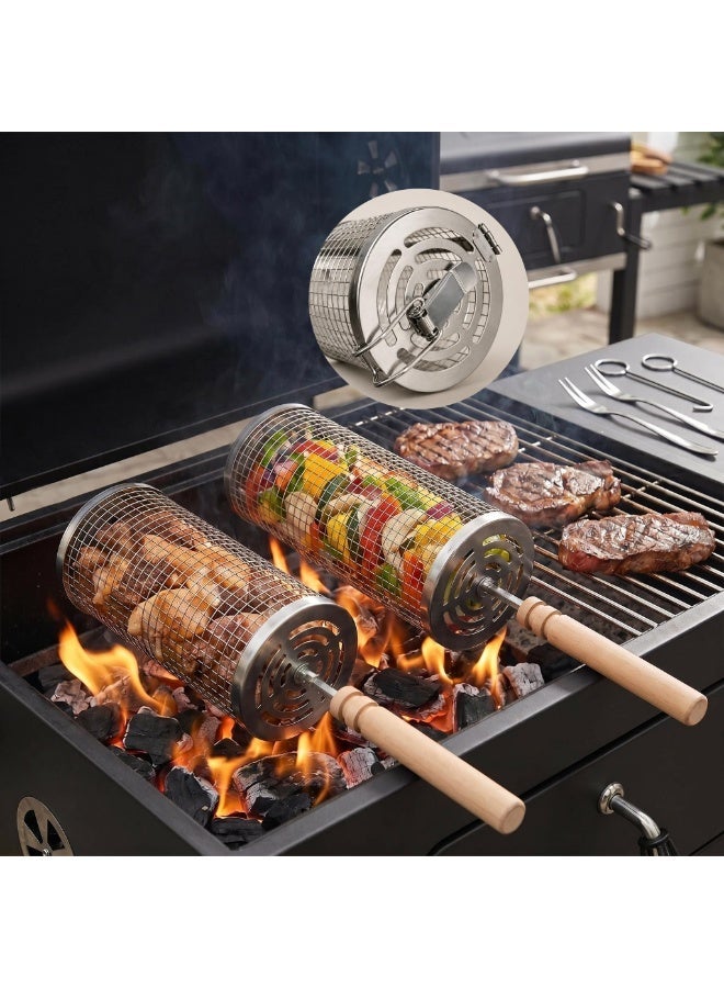 NIUB Rolling Grill Basket, Removable Wooden Handle, Nesting BBQ Tools 304 Stainless Steel, Smoker Grilling Accessories for Vegetable, Outdoor Cooking Camping - Image 1