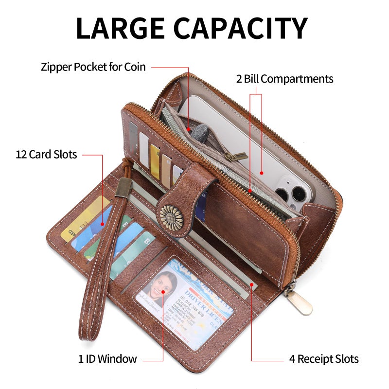 SENDEFN Wallet for Women RFID Blocking Leather Clutch Long Purse Large Capacity Credit Card Holder Wristlet - Image 2