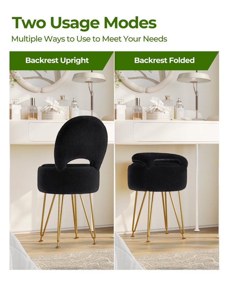 GREENSTELL Small Vanity Stool Chair with Storage and Folding Back, 13" x 13" x 17.7" Faux Fur Soft Ottoman for Teenager, 4 Metal Legs with Anti-Slip Feet, Furry Padded Seat for Makeup, Bedroom, Black - Image 5