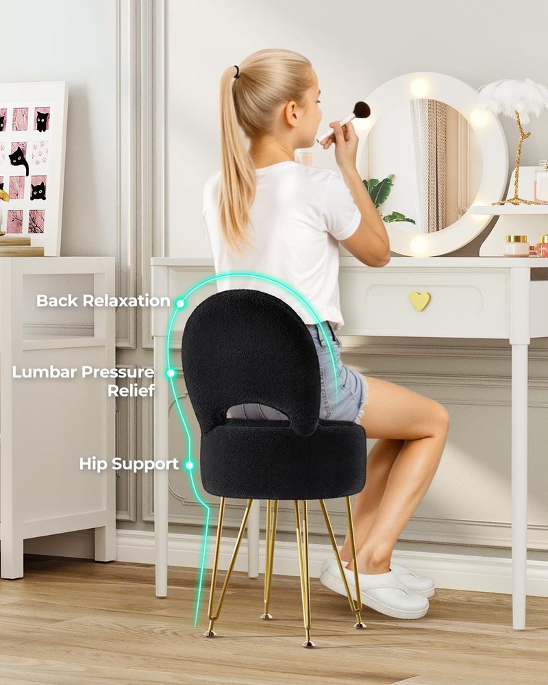 GREENSTELL Small Vanity Stool Chair with Storage and Folding Back, 13" x 13" x 17.7" Faux Fur Soft Ottoman for Teenager, 4 Metal Legs with Anti-Slip Feet, Furry Padded Seat for Makeup, Bedroom, Black - Image 3
