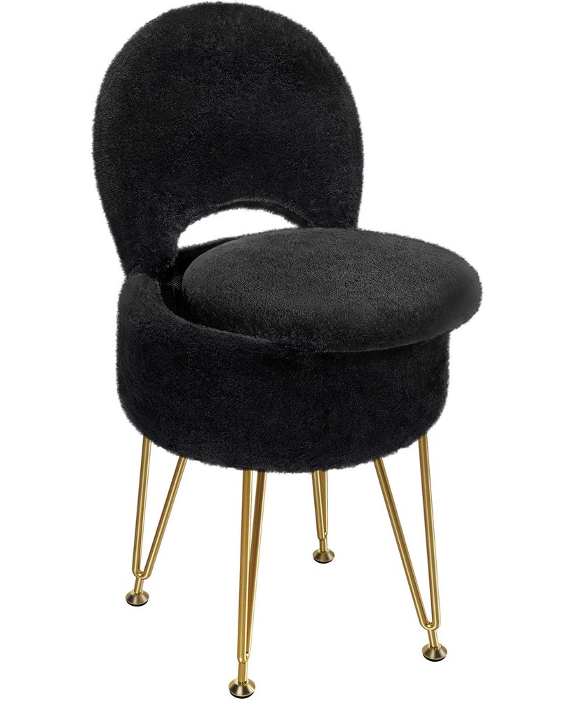GREENSTELL Small Vanity Stool Chair with Storage and Folding Back, 13" x 13" x 17.7" Faux Fur Soft Ottoman for Teenager, 4 Metal Legs with Anti-Slip Feet, Furry Padded Seat for Makeup, Bedroom, Black - Image 1