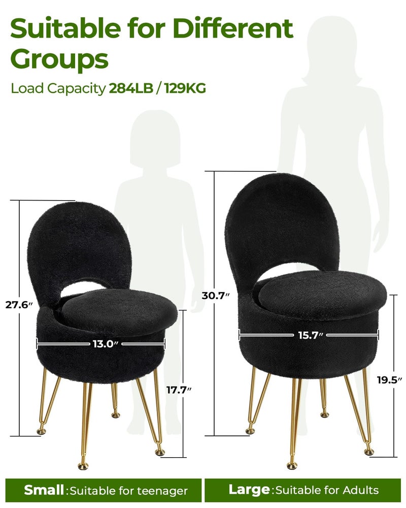 GREENSTELL Small Vanity Stool Chair with Storage and Folding Back, 13" x 13" x 17.7" Faux Fur Soft Ottoman for Teenager, 4 Metal Legs with Anti-Slip Feet, Furry Padded Seat for Makeup, Bedroom, Black - Image 2