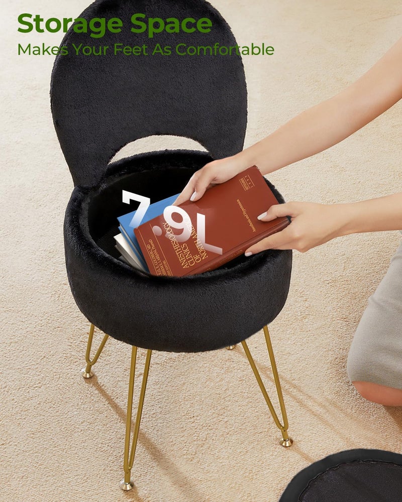 GREENSTELL Small Vanity Stool Chair with Storage and Folding Back, 13" x 13" x 17.7" Faux Fur Soft Ottoman for Teenager, 4 Metal Legs with Anti-Slip Feet, Furry Padded Seat for Makeup, Bedroom, Black - Image 4