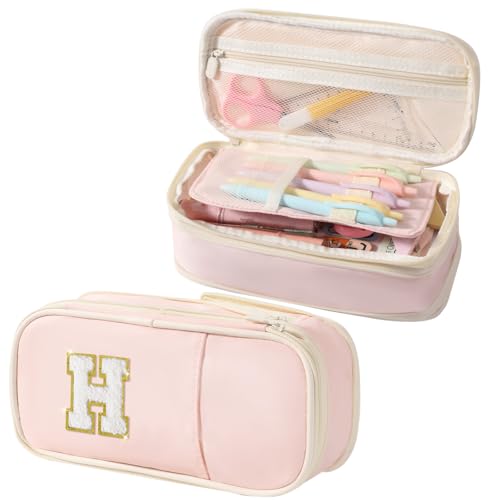 Janhavi Preppy Pencil Case for School Supplies, Large Initial Pencil Pouch with Zipper, Cute Pencil Bag for Office Supplies, Aesthetic Birthday Gift for Kids Teen Girls Adults - Pink H(Chenille) - Image 1