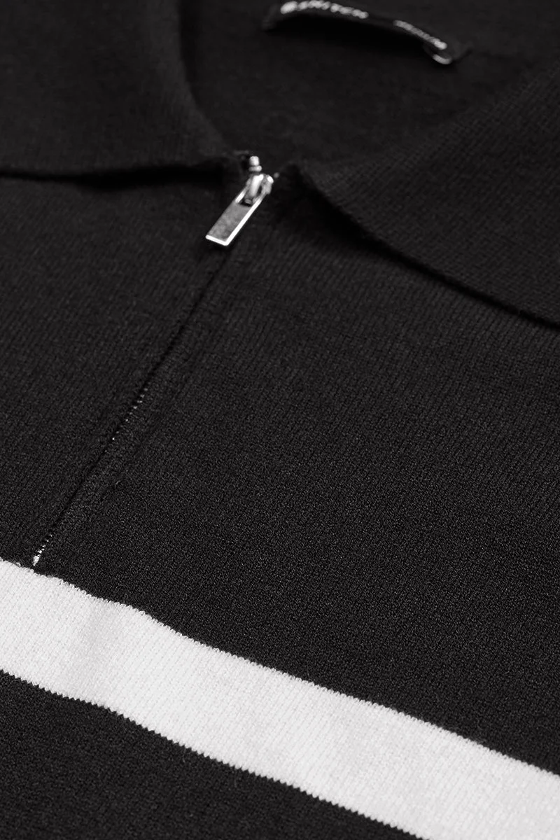 سنيتش Black Striped Long Sleeve Slim Fit Casual Sweater