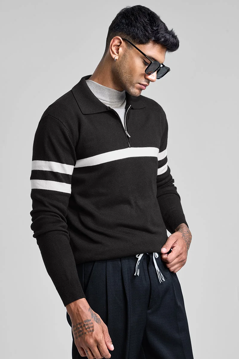 سنيتش Black Striped Long Sleeve Slim Fit Casual Sweater