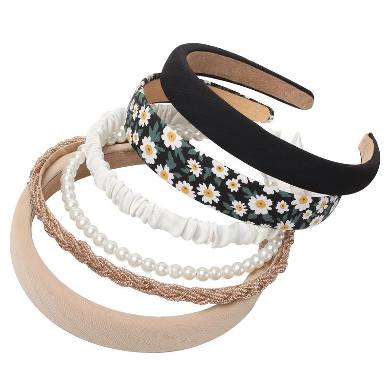 Cuizhiyu 6PK Different Designs Headbands for WomenNon Slip Flower HeadbandCute Pearl Headbands for GirlsTwisted HeadbandBlack White Solid Headbands Set