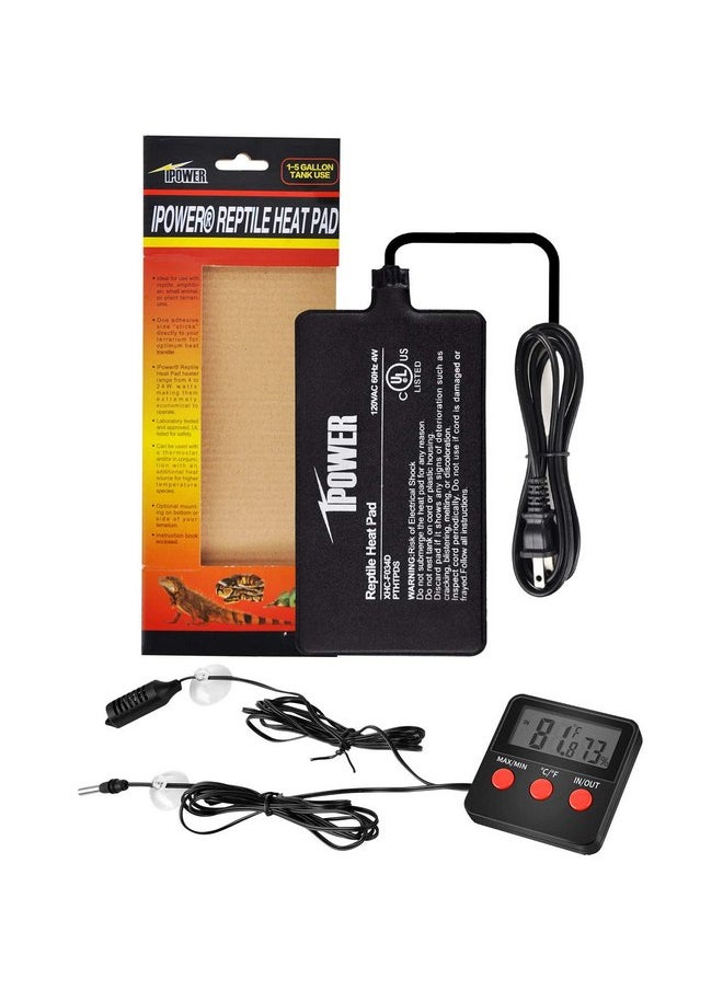 آي باور iPower 4"x7" Reptile Heat Mat Warmer Under Tank Terrarium Pad Heating، ميزان حرارة رقمي ومقياس رطوبة مع مسبار درجة الحرارة والرطوبة للحيوانات الأليفة البرمائية والحيوانات الصغيرة  - Image 1