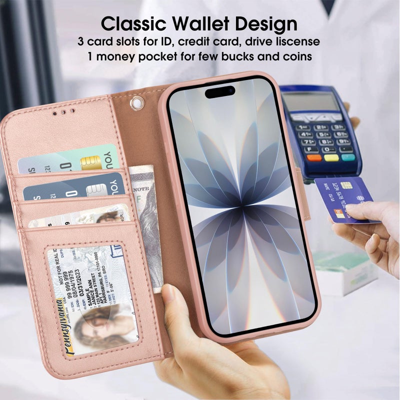 Arae Compatible with iPhone 17 Case Wallet with Card Holder, Wristlet Strap Wallet Flip Cover for iPhone 17 6.3 inch Men/Women, RFID Blocking, Kickstand,Rose Gold - Image 3